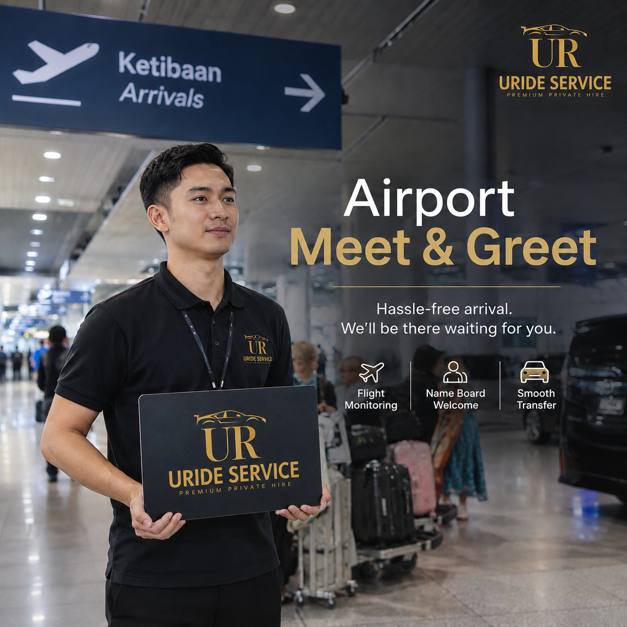URide Service staff welcoming travellers at airport arrivals