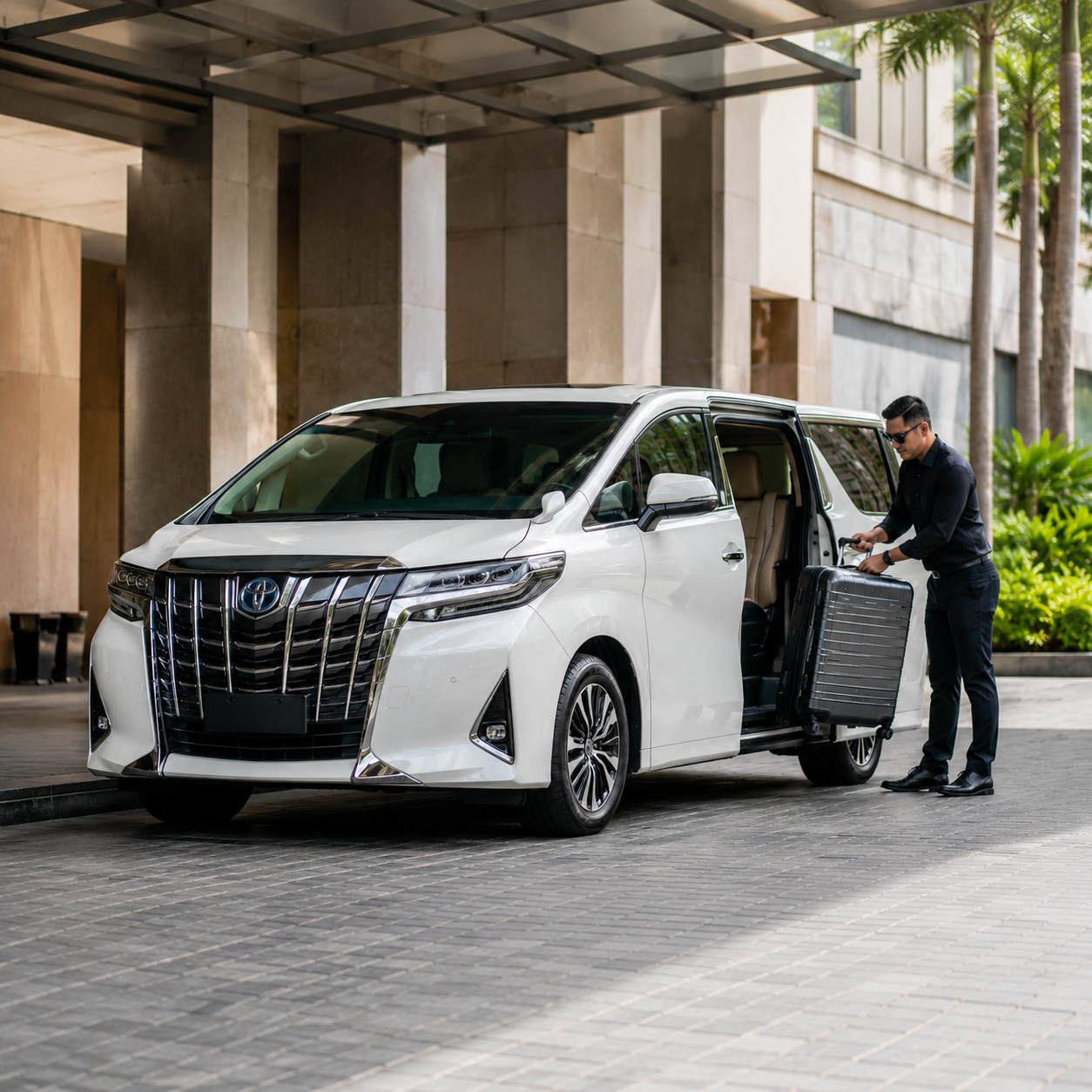Driver loading luggage into a white Toyota Alphard for private charter