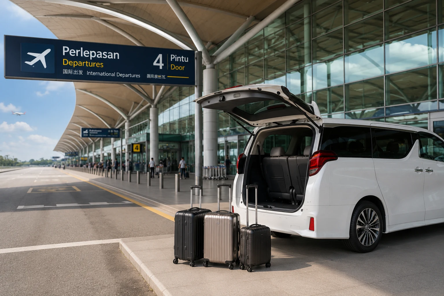 White private transfer vehicle with luggage at an airport departures terminal